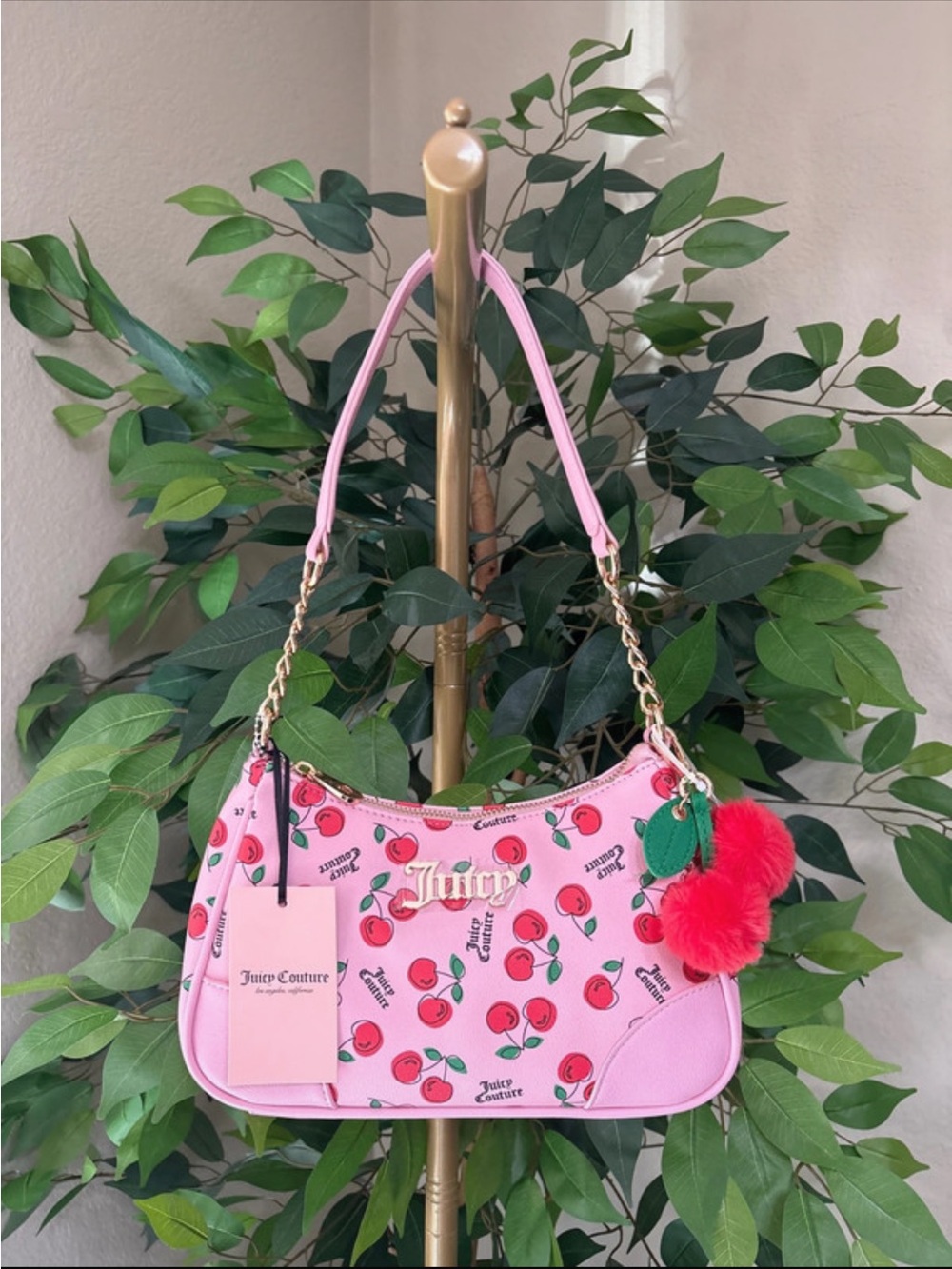 Juicy Couture Cherry Girl Pink Cherry Print Shoulder Bag with Pom Pom - Picture 2 of 7